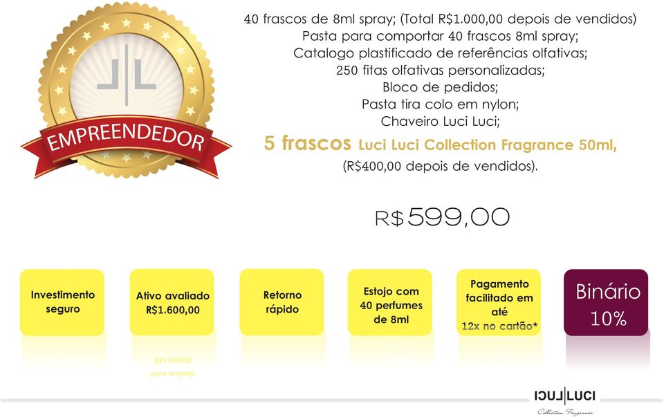 000,00 depois de vendidos) Pasta para comportar 40 frascos 8ml spray; Catalogo plastificado de referências olfativas; 250 fitas olfativas personalizadas;