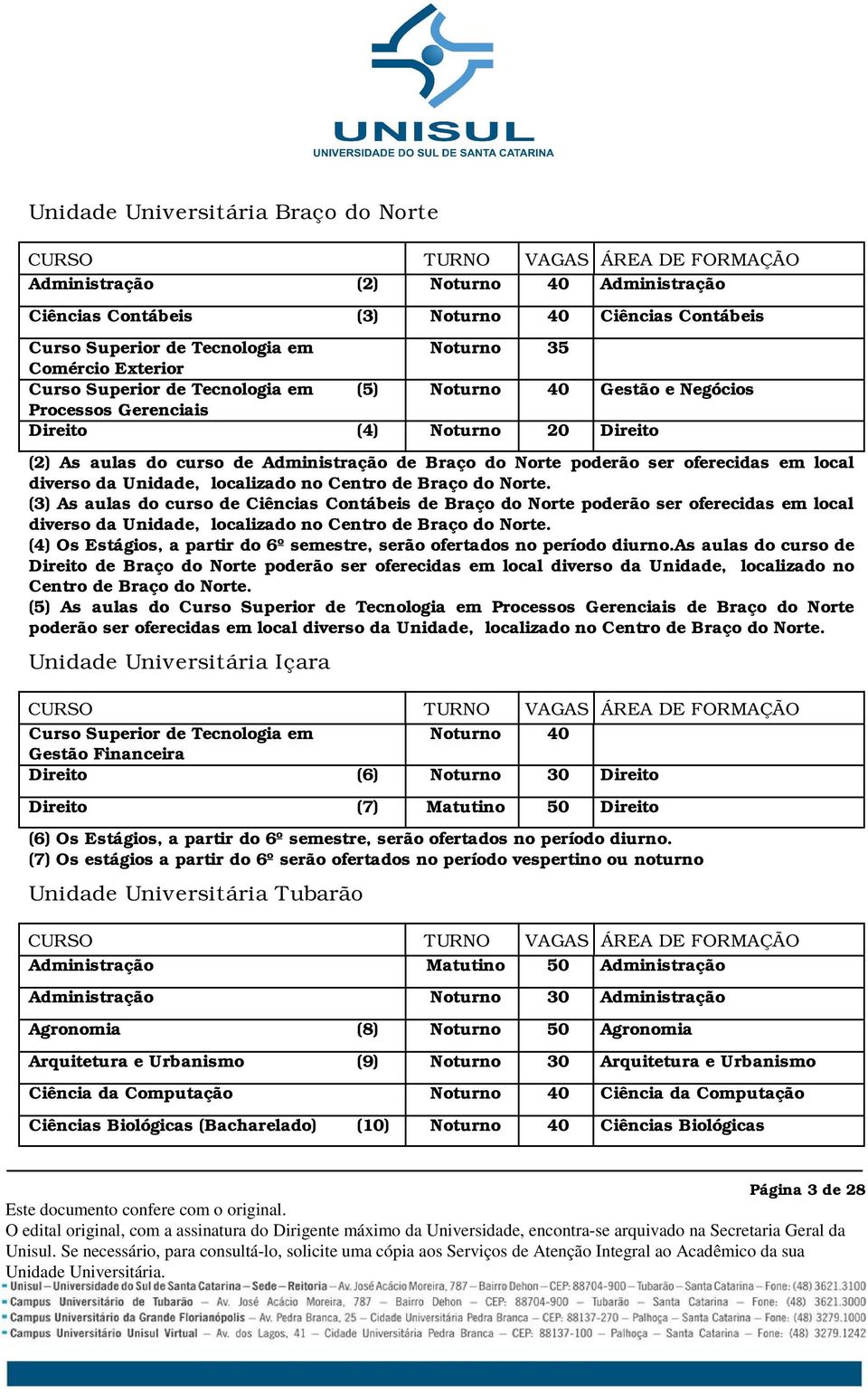 localizado no Centro de Braço do Norte. (3) As aulas do curso de Ciências Contábeis de Braço do Norte poderão ser oferecidas em local diverso da Unidade, localizado no Centro de Braço do Norte.