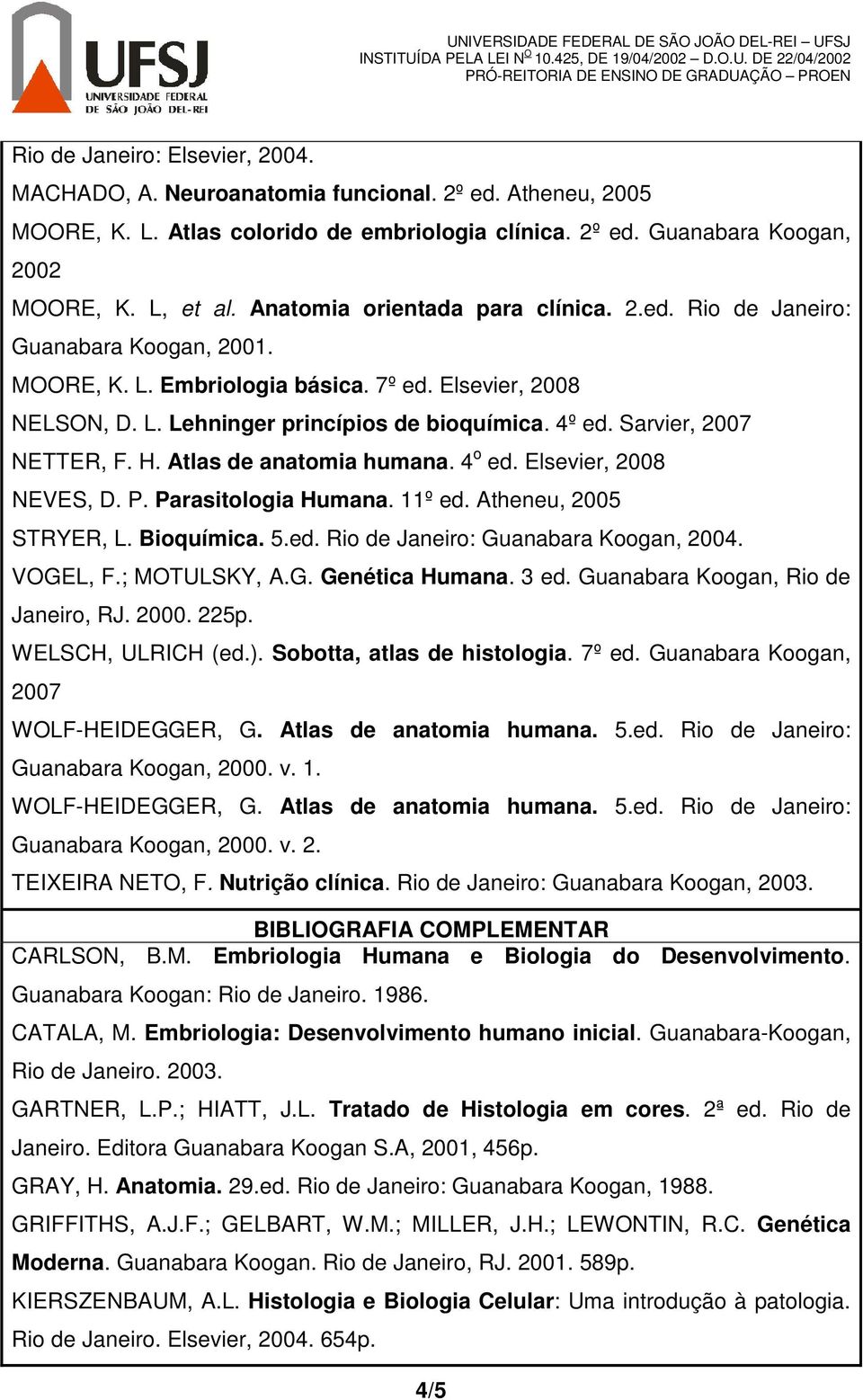 Sarvier, 2007 NETTER, F. H. Atlas de anatomia humana. 4 o ed. Elsevier, 2008 NEVES, D. P. Parasitologia Humana. 11º ed. Atheneu, 2005 STRYER, L. Bioquímica. 5.ed. Rio de Janeiro: Guanabara Koogan, 2004.
