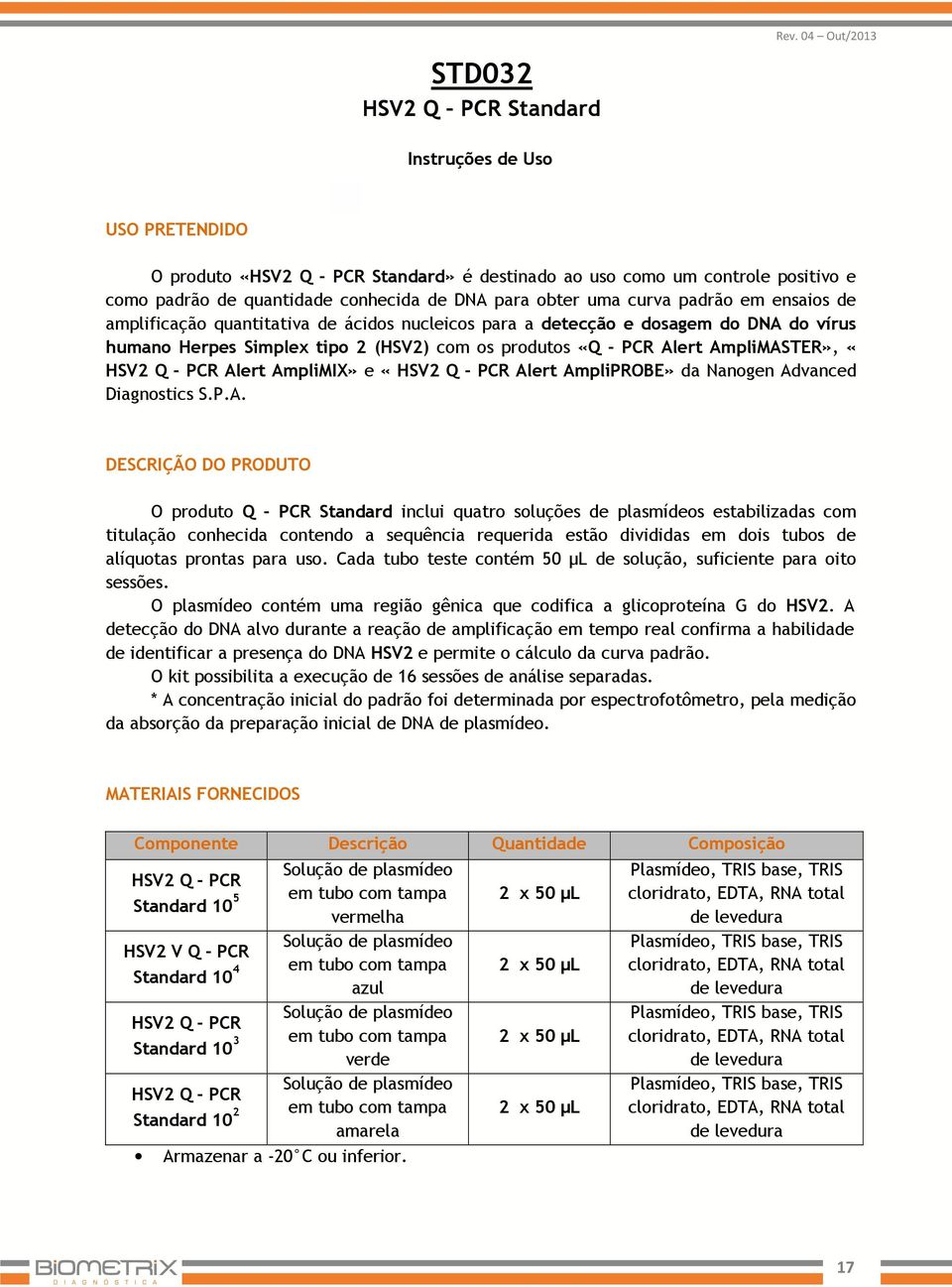 ensaios de amplificação quantitativa de ácidos nucleicos para a detecção e dosagem do DNA do vírus humano Herpes Simplex tipo 2 (HSV2) com os produtos «Q - PCR Alert AmpliMASTER», «HSV2 Q - PCR Alert