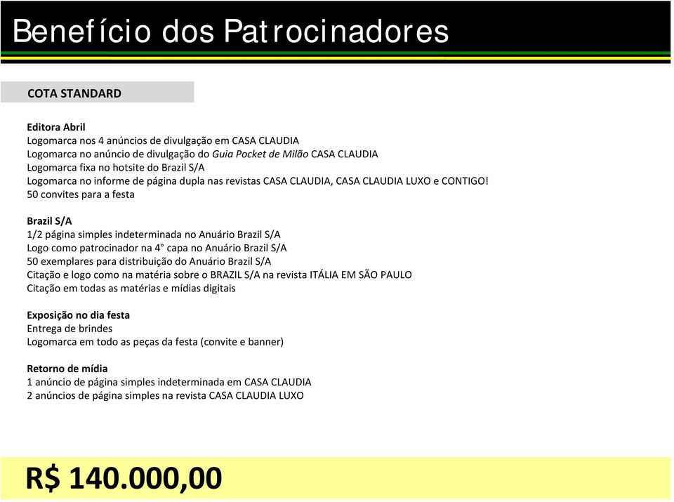 50 convites para a festa Brazil S/A 1/2 página simples indeterminada no Anuário Brazil S/A Logo como patrocinador na 4 capa no Anuário Brazil S/A 50 exemplares para distribuição do Anuário Brazil S/A