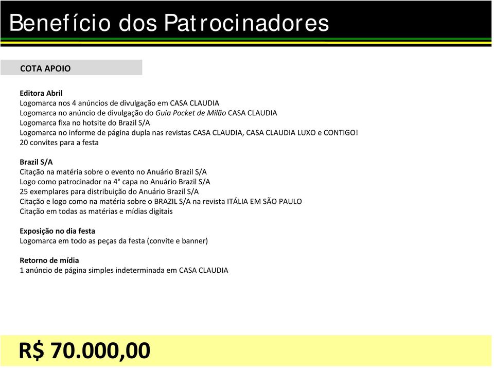 20 convites para a festa Brazil S/A Citação na matéria sobre o evento no Anuário Brazil S/A Logo como patrocinador na 4 capa no Anuário Brazil S/A 25 exemplares para distribuição do Anuário Brazil