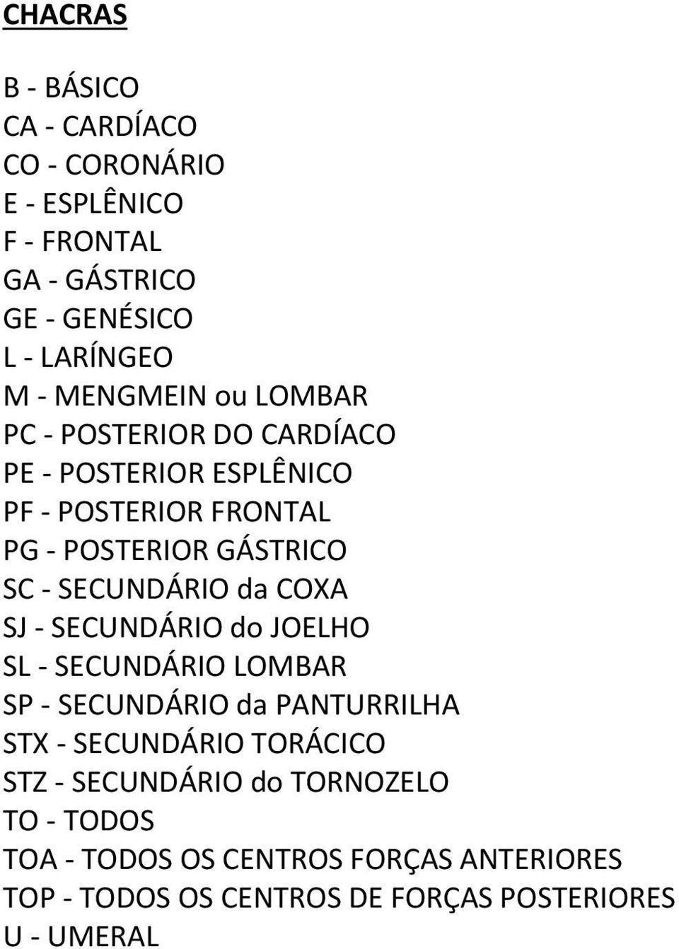 SECUNDÁRIO da COXA SJ - SECUNDÁRIO do JOELHO SL - SECUNDÁRIO LOMBAR SP - SECUNDÁRIO da PANTURRILHA STX - SECUNDÁRIO TORÁCICO