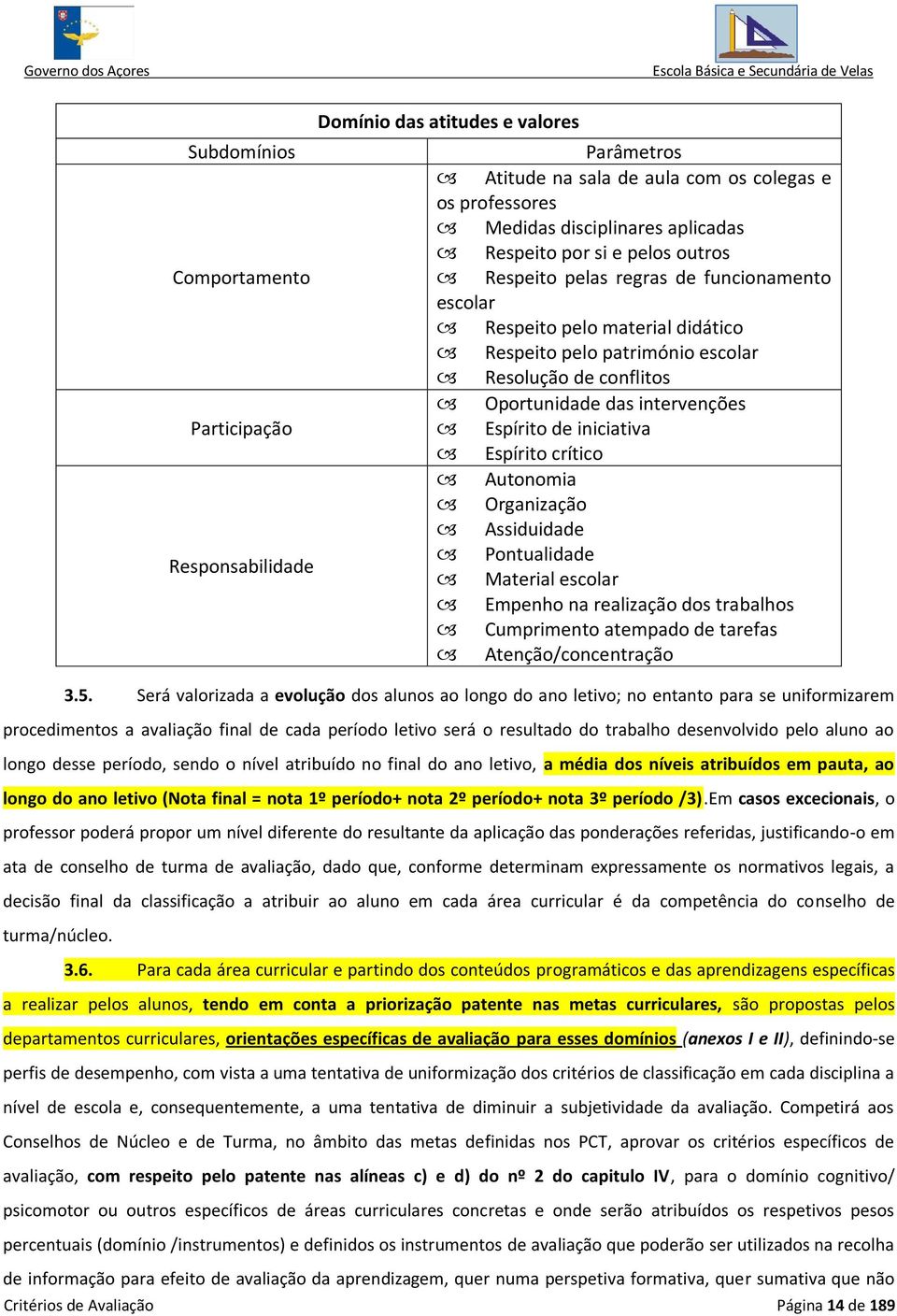 Espírito crítico Autonomia Organização Assiduidade Pontualidade Responsabilidade Material escolar Empenho na realização dos trabalhos Cumprimento atempado de tarefas Atenção/concentração 3.5.