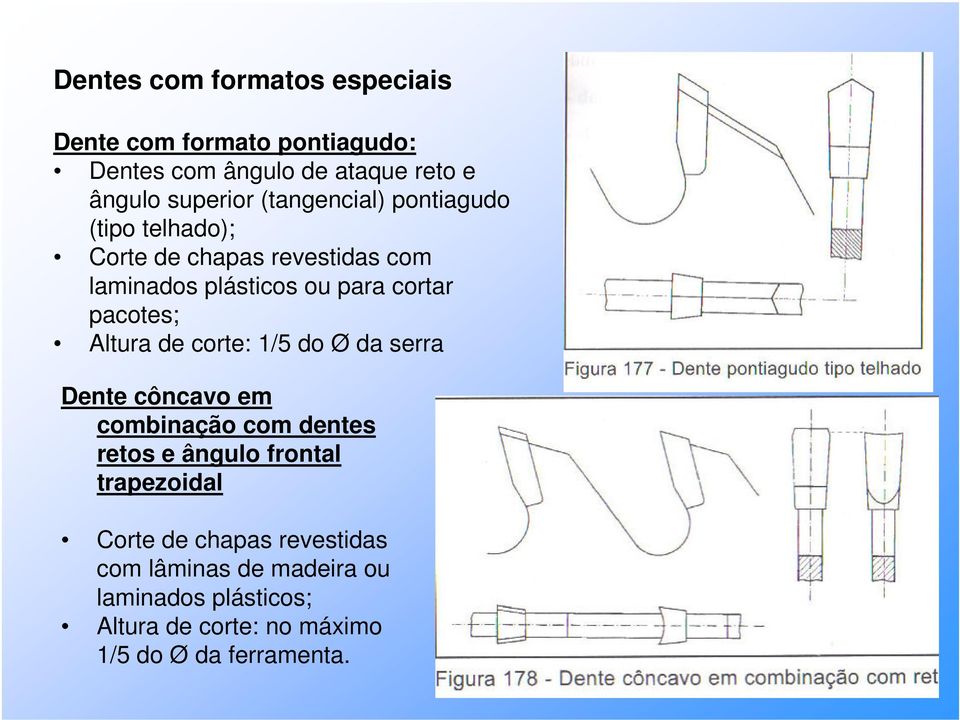 Altura de corte: 1/5 do Ø da serra Dente côncavo em combinação com dentes retos e ângulo frontal trapezoidal Corte