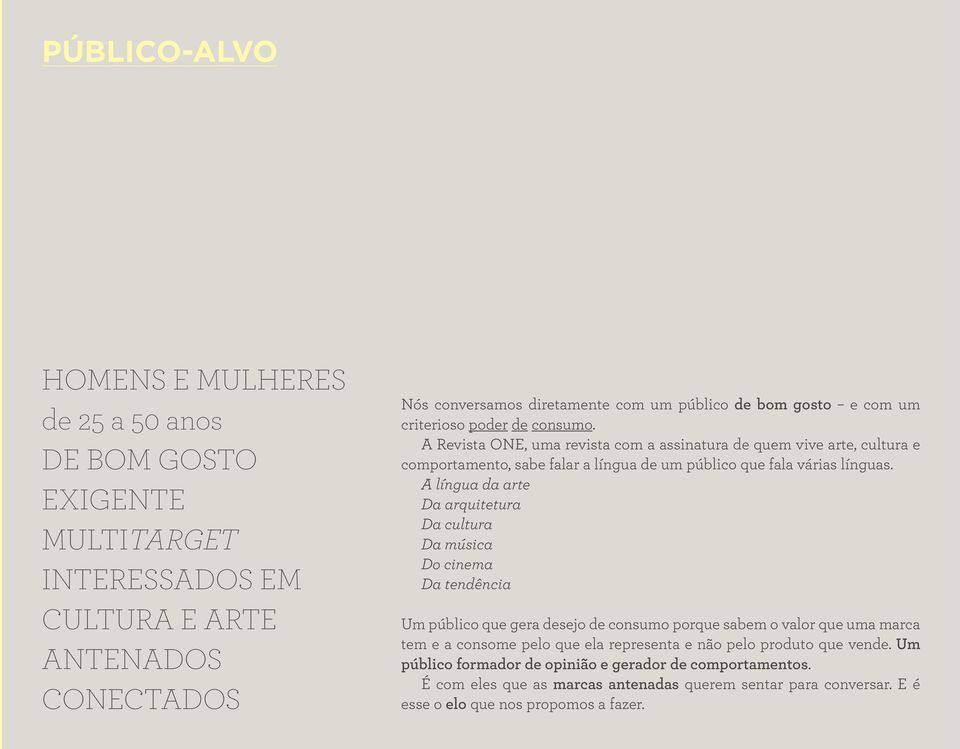 A língua da arte Da arquitetura Da cultura Da música Do cinema Da tendência Um público que gera desejo de consumo porque sabem o valor que uma marca tem e a consome pelo que ela representa