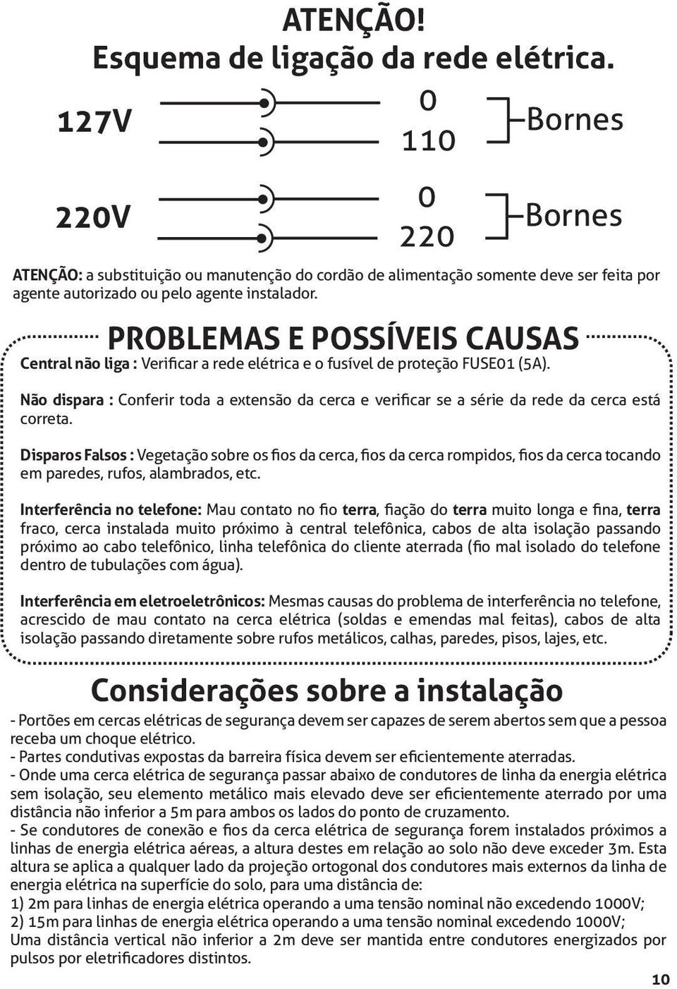 PROBLEMAS E POSSÍVEIS CAUSAS Central não liga : Verificar a rede elétrica e o fusível de proteção FUSE01 (5A).