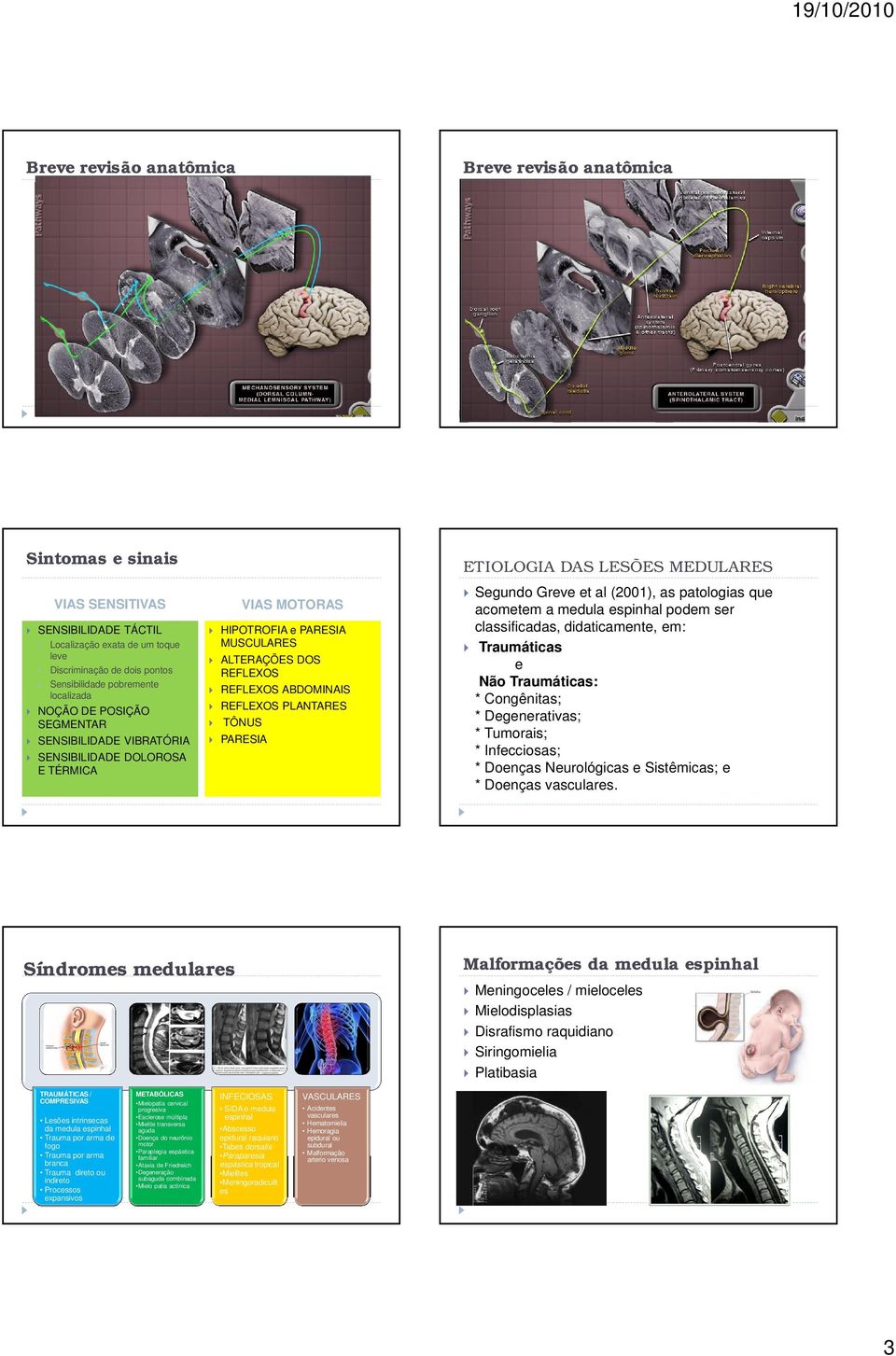 Segundo Greve et al (2001), as patologias que acometem a medula espinhal podem ser classificadas, didaticamente, em: Traumáticas e Não Traumáticas: * Congênitas; * Degenerativas; * Tumorais; *