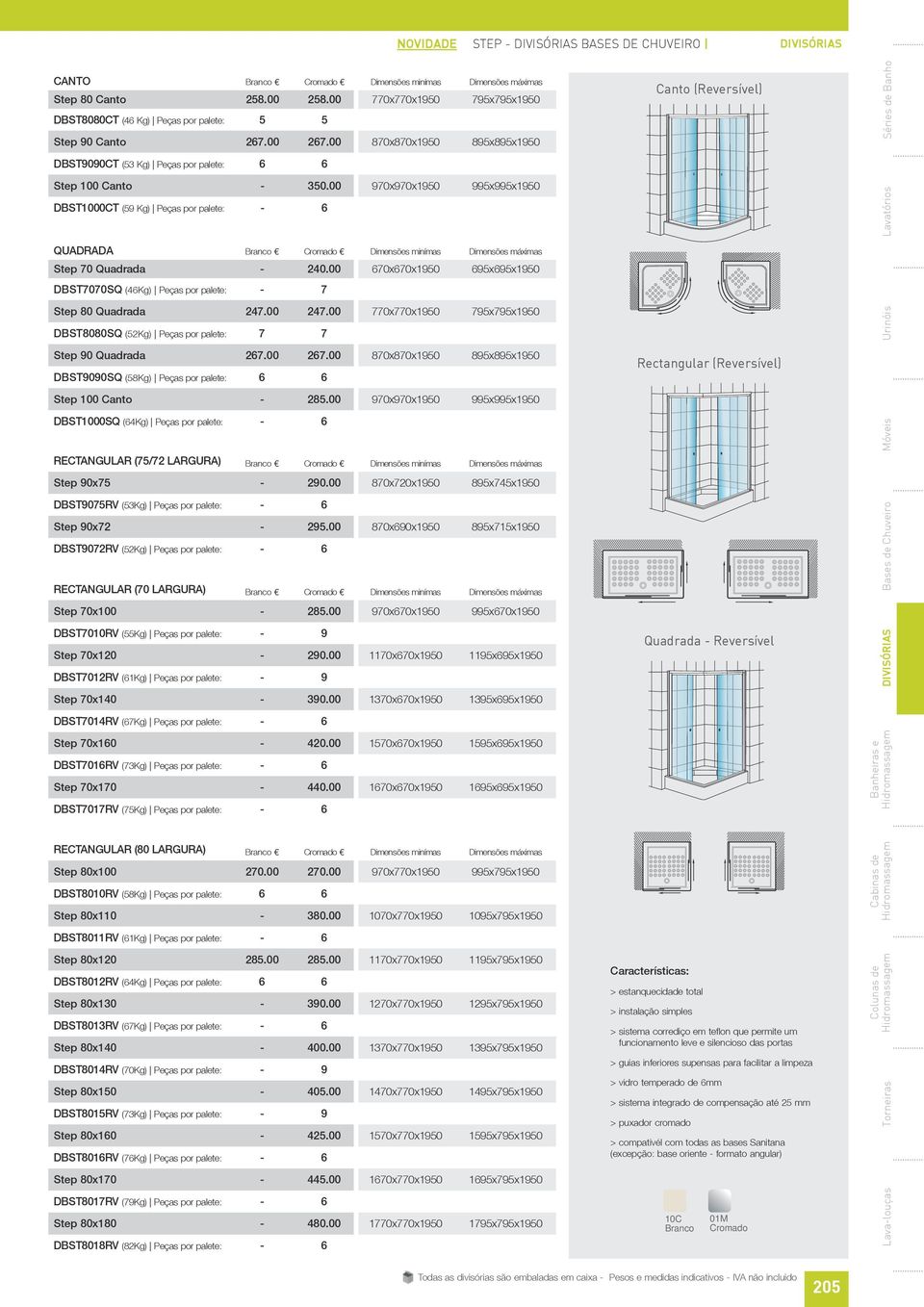 00 970x970x1950 995x995x1950 dbst1000ct (59 Kg) Peças por palete: - 6 Quadrada Branco Cromado Dimensões minímas Dimensões máximas Step 70 Quadrada - 240.