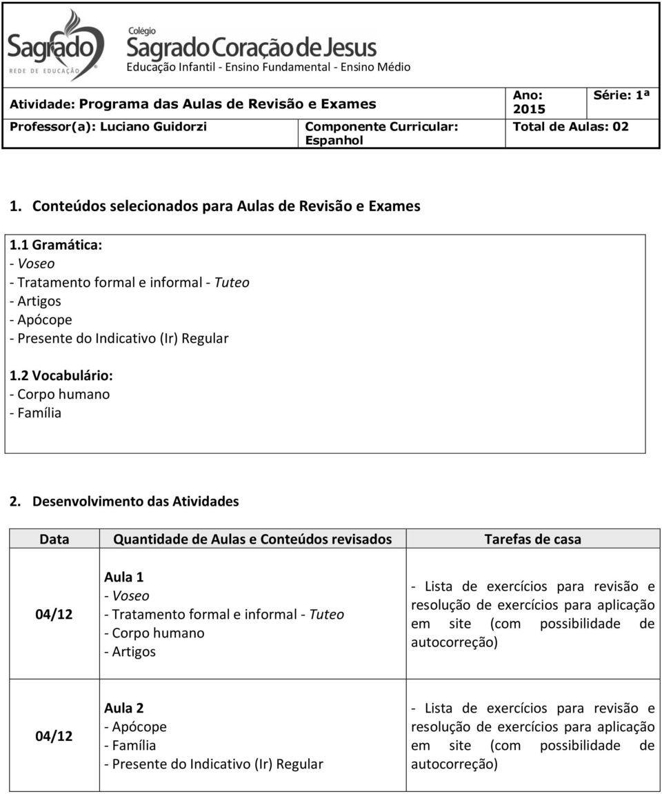 2 Vocabulário: - Corpo humano - Família 04/12 Aula 1 - Voseo - Tratamento formal e informal - Tuteo - Corpo humano - Artigos - Lista de exercícios para