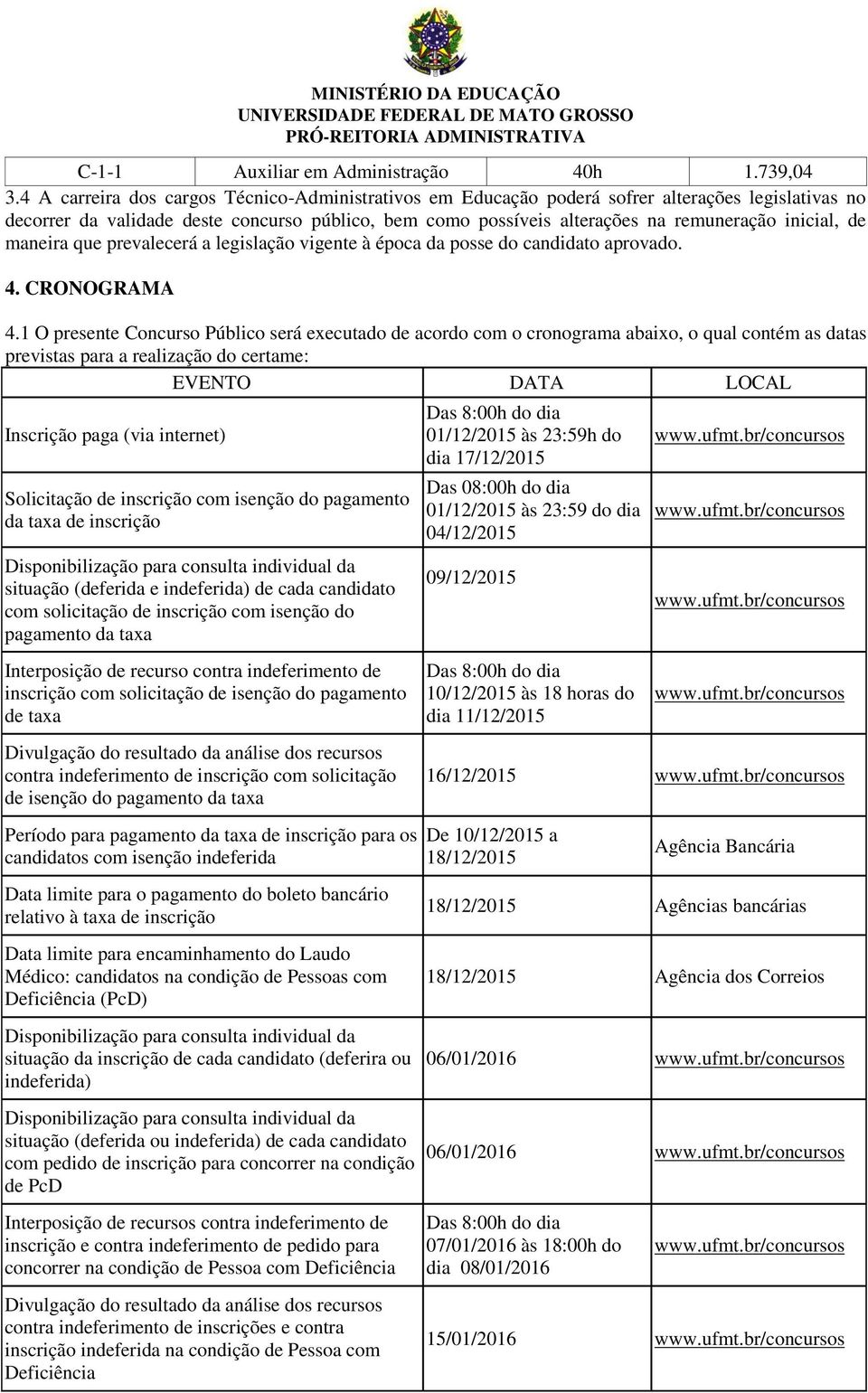 de maneira que prevalecerá a legislação vigente à época da posse do candidato aprovado. 4. CRONOGRAMA 4.