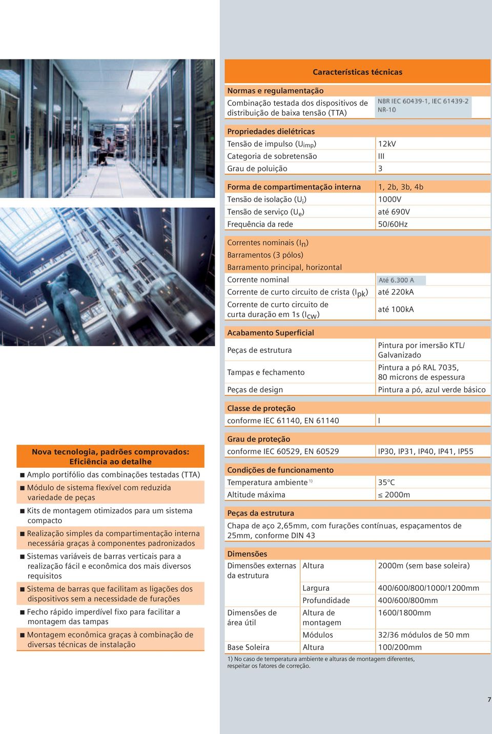 pólos) Barramento principal, horizontal Corrente nominal Corrente de curto circuito de crista (Ipk) Corrente de curto circuito de curta duração em 1s (Icw) Acabamento Superficial Peças de estrutura