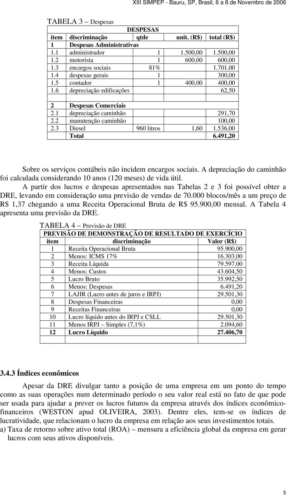 3 Diesel 960 litros 1,60 1.536,00 Total 6.491,20 Sobre os serviços contábeis não incidem encargos sociais. A depreciação do caminhão foi calculada considerando 10 anos (120 meses) de vida útil.