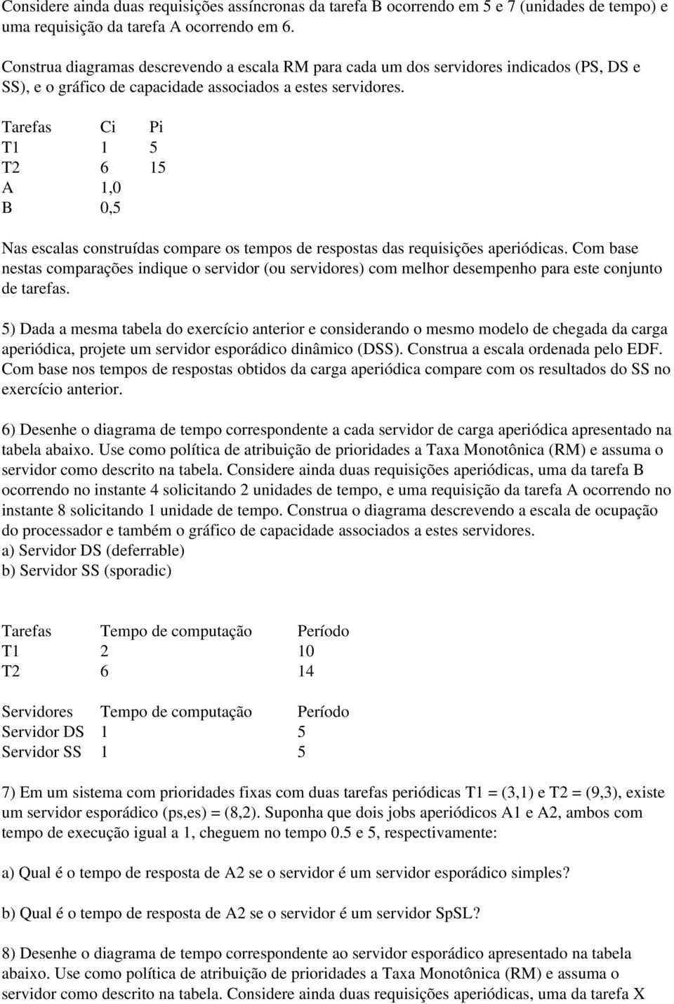 Tarefas Ci Pi T1 1 5 T2 6 15 A 1,0 B 0,5 Nas escalas construídas compare os tempos de respostas das requisições aperiódicas.