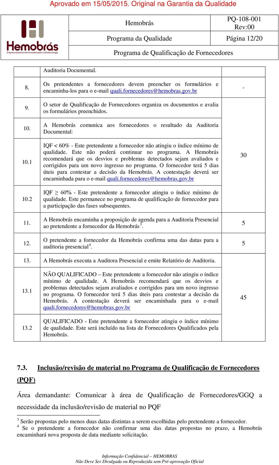 A Hemobrás comunica aos fornecedores o resultado da Auditoria Documental: IQF < 60% - Este pretendente a fornecedor não atingiu o índice mínimo de qualidade. Este não poderá continuar no programa.