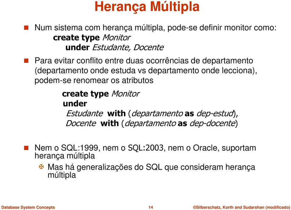 os atributos create type Monitor under Estudante with (departamento as dep-estud), Docente with (departamento as dep-docente) Nem