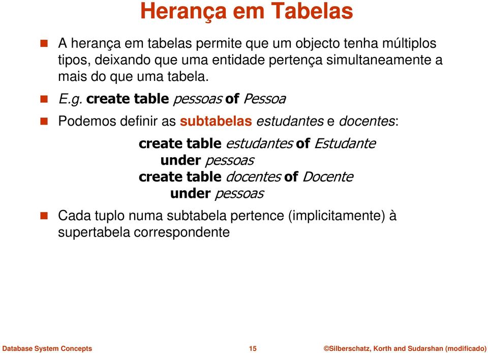 create table pessoas of Pessoa Podemos definir as subtabelas estudantes e docentes: create table estudantes