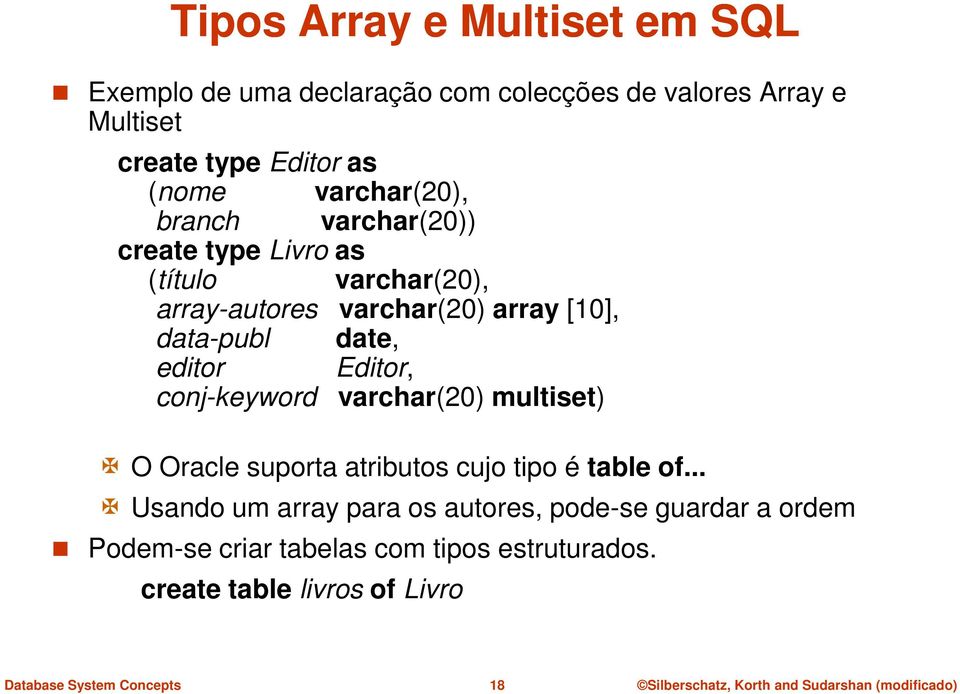 data-publ date, editor Editor, conj-keyword varchar(20) multiset) O Oracle suporta atributos cujo tipo é table of.