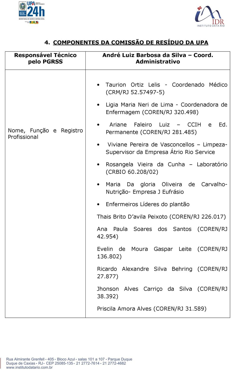 485) Viviane Pereira de Vasconcellos Limpeza- Supervisor da Empresa Átrio Rio Service Rosangela Vieira da Cunha Laboratório (CRBIO 60.