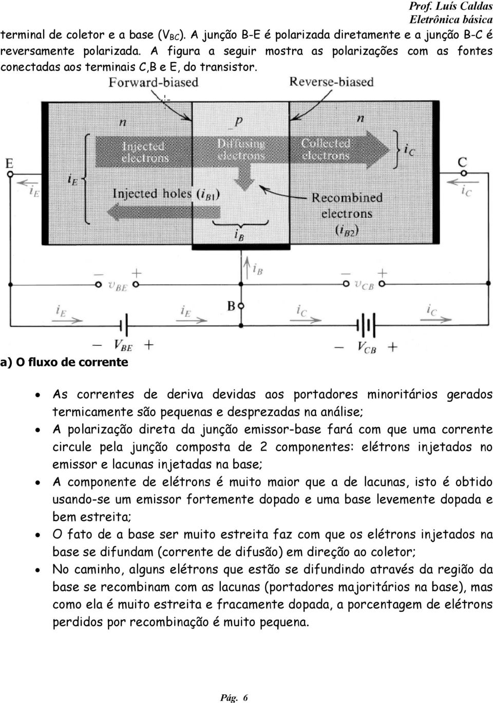 a) O fluxo de corrente As correntes de deriva devidas aos portadores minoritários gerados termicamente são pequenas e desprezadas na análise; A polarização direta da junção emissor-base fará com que