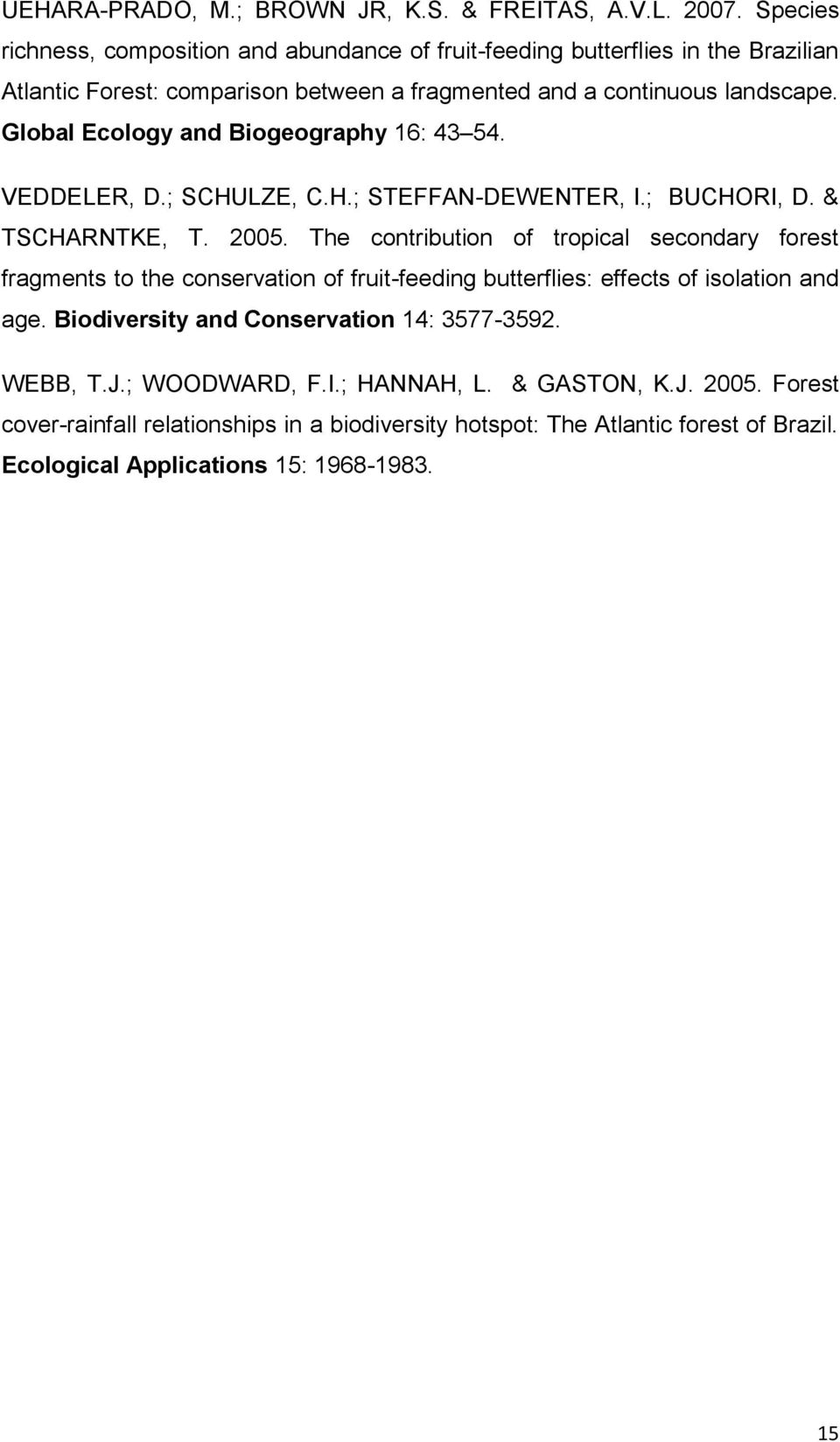 Global Ecology and Biogeography 16: 43 54. VEDDELER, D.; SCHULZE, C.H.; STEFFAN-DEWENTER, I.; BUCHORI, D. & TSCHARNTKE, T. 2005.