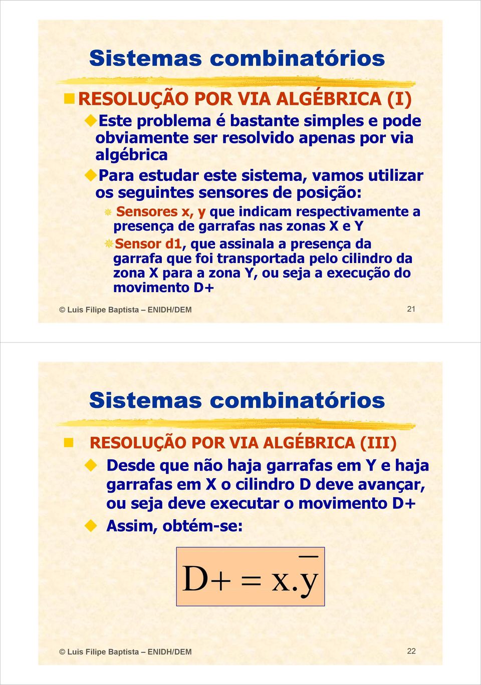 transportada pelo cilindro da zona X para a zona Y, ou seja a execução do movimento D+ Luis Filipe Baptista ENIDH/DEM 21 RESOLUÇÃO POR VIA ALGÉBRICA (III) Desde que