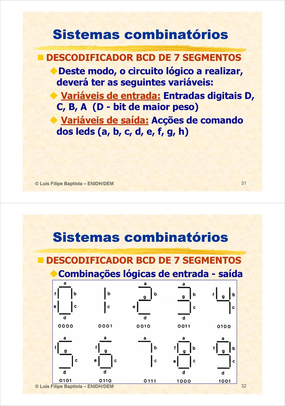 de saída: Acções de comando dos leds (a, b, c, d, e, f, g, h) Luis Filipe Baptista ENIDH/DEM 31