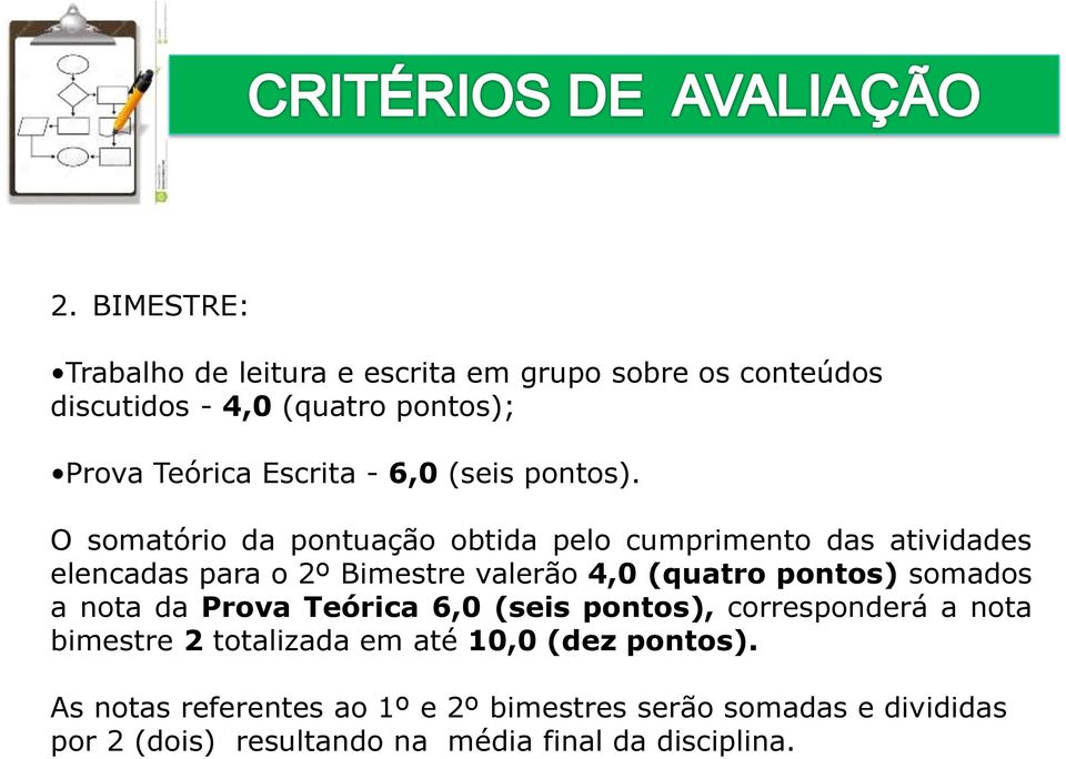 O somatório da pontuação obtida pelo cumprimento das atividades elencadas para o 2º Bimestre valerão 4,0 (quatro pontos)