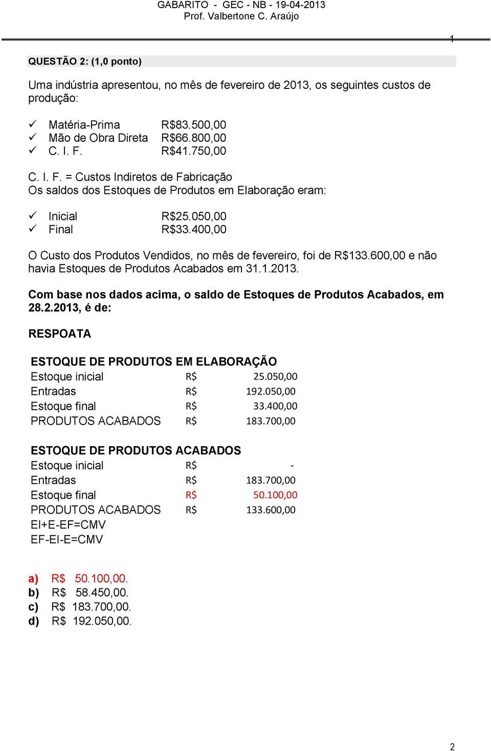 400,00 O Custo dos Produtos Vendidos, no mês de fevereiro, foi de R$33.600,00 e não havia Estoques de Produtos Acabados em 3..203.