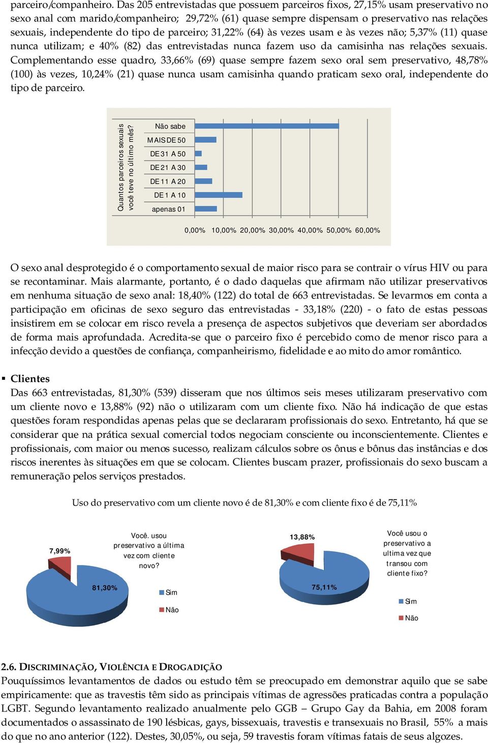 do tipo de parceiro; 31,22% (64) às vezes usam e às vezes não; 5,37% (11) quase nunca utilizam; e 40% (82) das entrevistadas nunca fazem uso da camisinha nas relações sexuais.