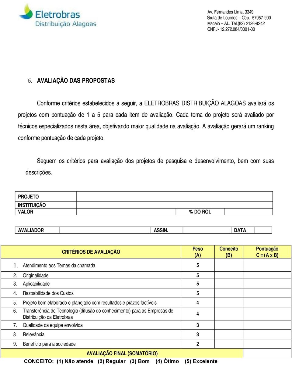 Seguem os critérios para avaliação dos projetos de pesquisa e desenvolvimento, bem com suas descrições. PROJETO INSTITUIÇÃO VALOR % DO ROL AVALIADOR ASSIN.