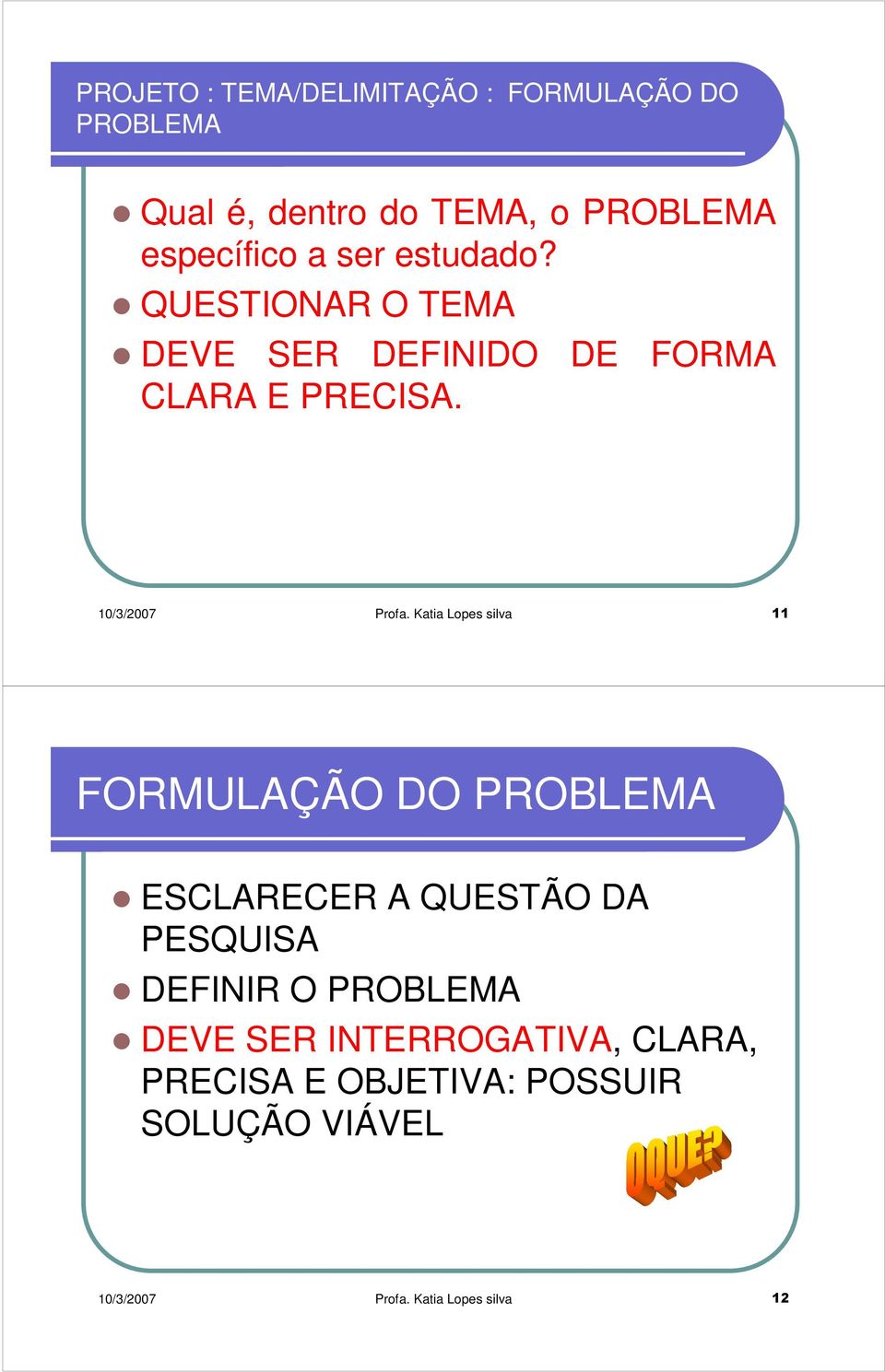 Katia Lopes silva 11 FORMULAÇÃO DO PROBLEMA ESCLARECER A QUESTÃO DA PESQUISA DEFINIR O PROBLEMA