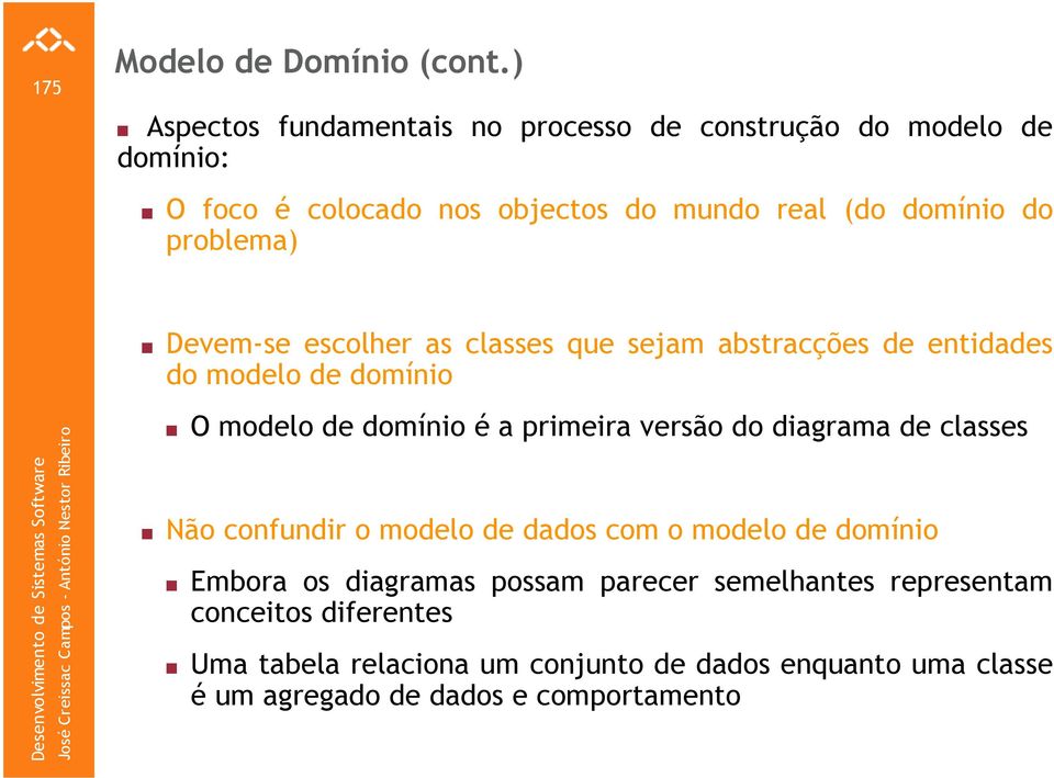 problema) Devem-se escolher as classes que sejam abstracções de entidades do modelo de domínio O modelo de domínio é a primeira versão do