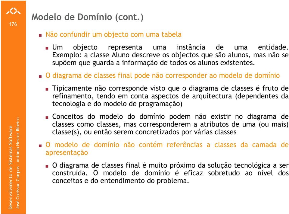 O diagrama de classes final pode não corresponder ao modelo de domínio Tipicamente não corresponde visto que o diagrama de classes é fruto de refinamento, tendo em conta aspectos de arquitectura