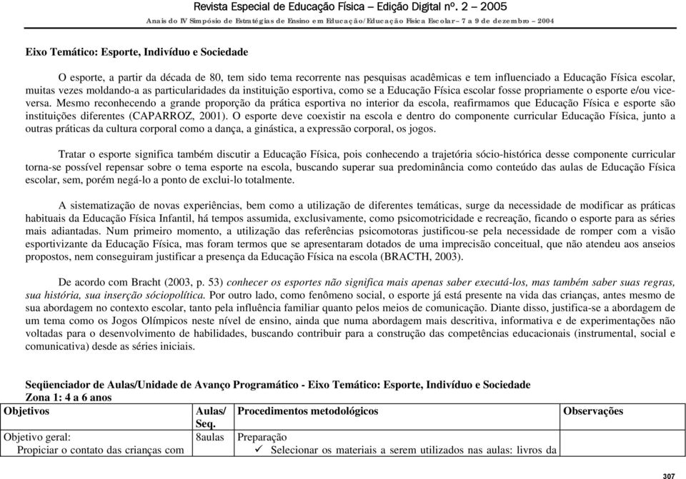 Mesmo reconhecendo a grande proporção da prática esportiva no interior da escola, reafirmamos que Educação Física e esporte são instituições diferentes (CAPARROZ, 2001).