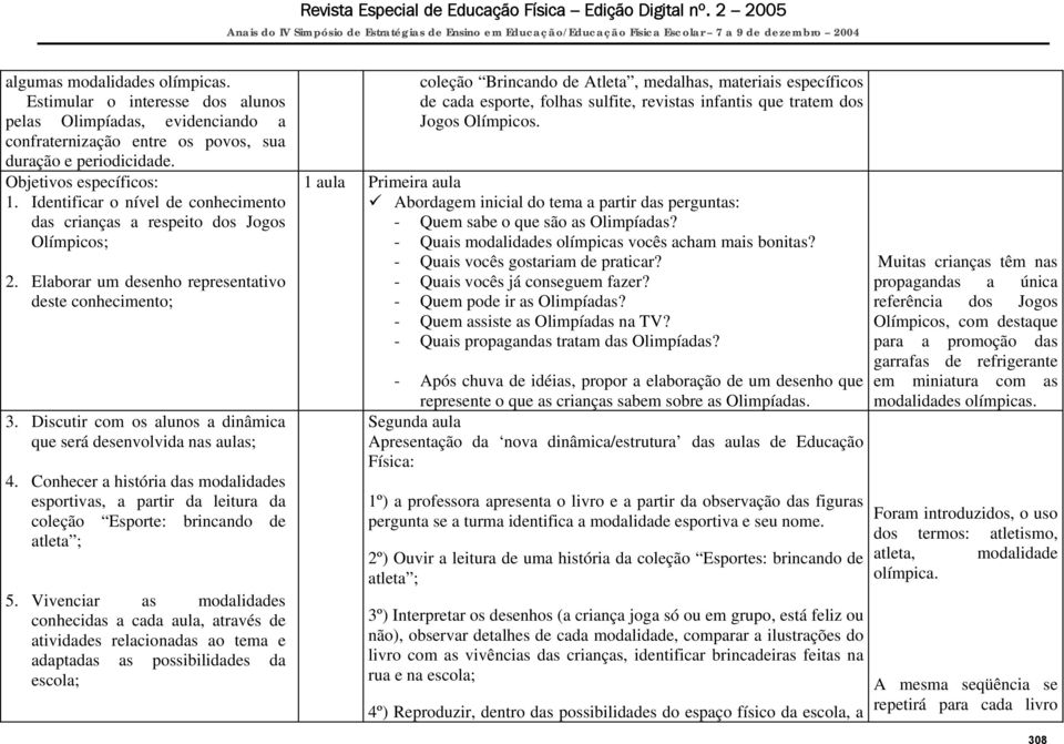 Discutir com os alunos a dinâmica que será desenvolvida nas aulas; 4. Conhecer a história das modalidades esportivas, a partir da leitura da coleção Esporte: brincando de atleta ; 5.