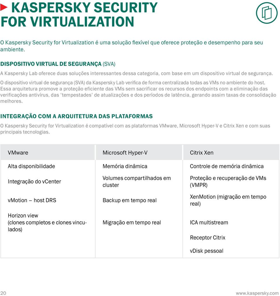 O dispositivo virtual de segurança (SVA) da Kaspersky Lab verifica de forma centralizada todas as VMs no ambiente do host.