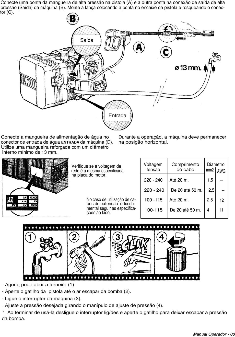 Utilize uma mangueira reforçada com um diâmetro interno mínimo de 13 mm. Durante a operação, a máquina deve permanecer na posição horizontal.