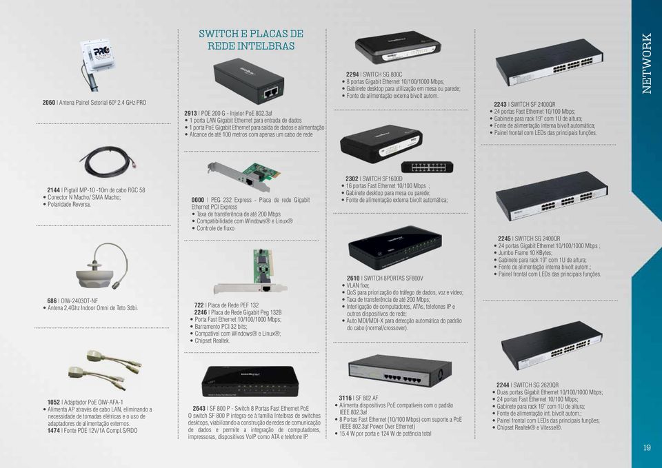 Gigabit Ethernet 10/100/1000 Mbps; Gabinete desktop para utilização em mesa ou parede; Fonte de alimentação externa bivolt autom.