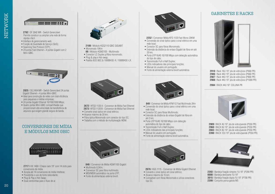 2109 Módulo KGS2110 GBIC GIGABIT Monomodo 10Km 66 Módulo KGM2105 - Multimodo Conector LC Duplex p/fibra monomodo; Plug & play e Hot-swap; Padrão IEEE 802.3z 1000BASE-X / 1000BASE-LX.