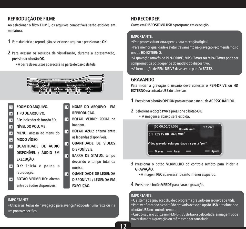 HD RECORDER Grava em DISPOSITIVO USB o programa em execução. Este processo funciona apenas para recepção digital.