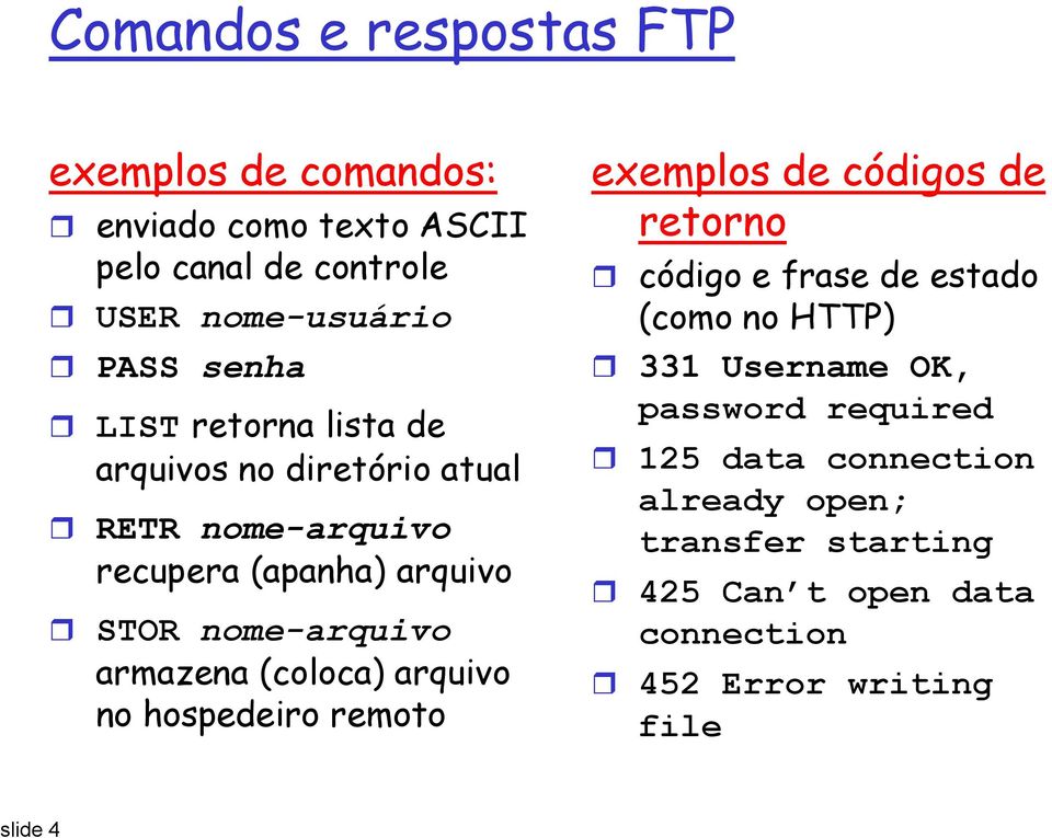 (coloca) arquivo no hospedeiro remoto exemplos de códigos de retorno código e frase de estado (como no HTTP) 331 Username