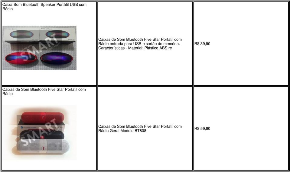 Características - Material: Plástico ABS re R$ 39,90 Caixas de Som Bluetooth Five