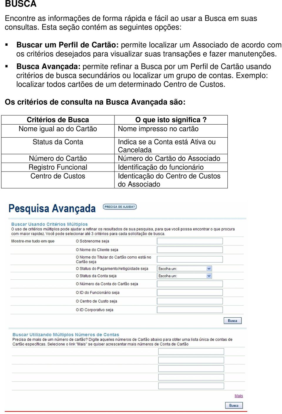 Busca Avançada: permite refinar a Busca por um Perfil de Cartão usando critérios de busca secundários ou localizar um grupo de contas.