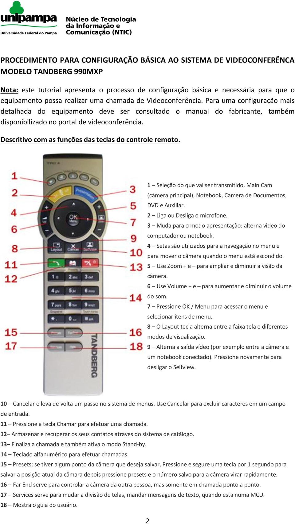 Descritivo com as funções das teclas do controle remoto. 1 Seleção do que vai ser transmitido, Main Cam (câmera principal), Notebook, Camera de Documentos, DVD e Auxiliar.