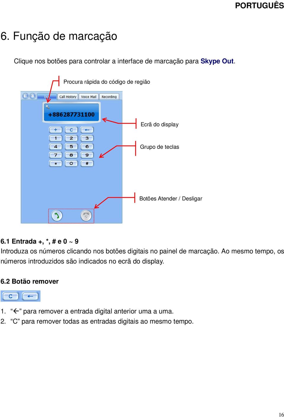 1 Entrada +, *, # e 0 ~ 9 Introduza os números clicando nos botões digitais no painel de marcação.