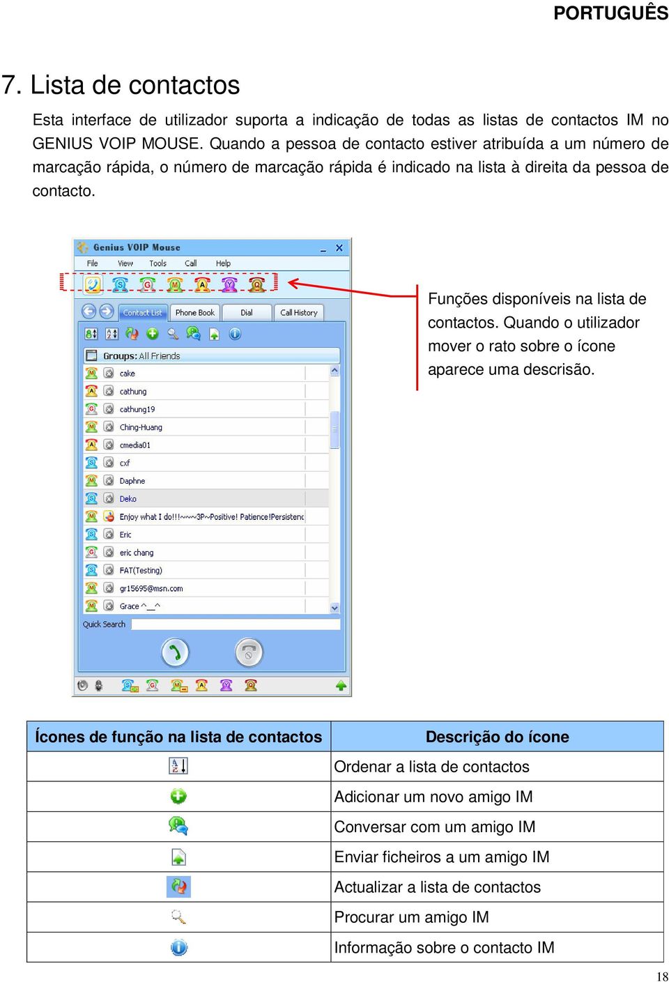 Funções disponíveis na lista de contactos. Quando o utilizador mover o rato sobre o ícone aparece uma descrisão.