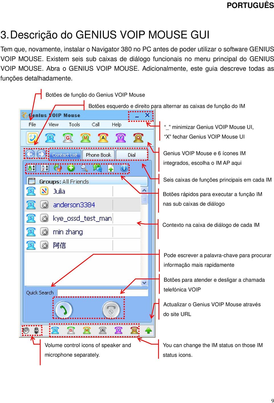 Botões de função do Genius VOIP Mouse Botões esquerdo e direito para alternar as caixas de função do IM _ minimizar Genius VOIP Mouse UI, X fechar Genius VOIP Mouse UI Genius VOIP Mouse e 6 ícones IM