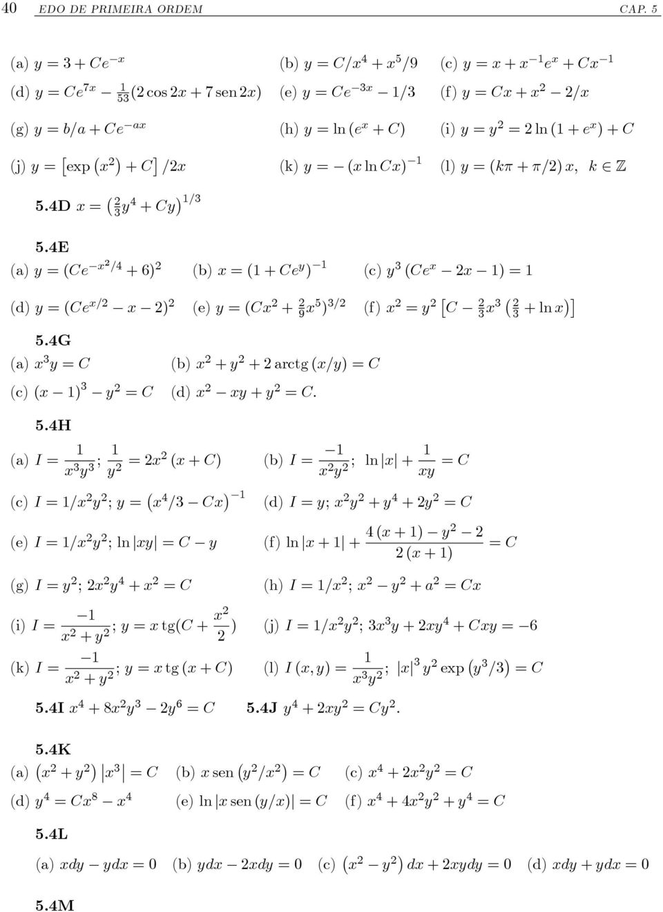 ln ( + e x ) + C (j) y = exp x 2 + C =2x (k) y = (x ln Cx) (l) y = (k + =2) x; k 2 Z 5.4D x = 2 3 y4 + Cy =3 5.