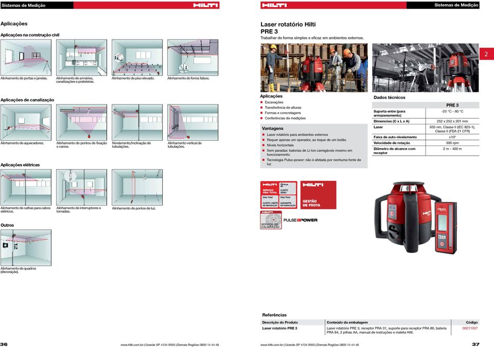 de canalização n Escavações n Transferência de alturas n Formas e concretagens n Conferências de medições Dados técnicos Suporta entre (para armazenamento) -5 C - 60 C 5 x 5 x 01 mm Alinhamento de